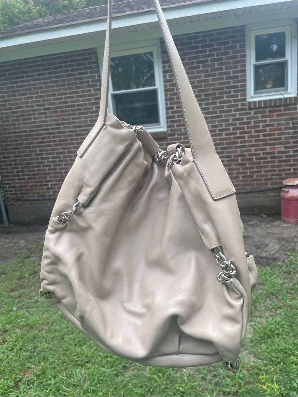 Furla Taupe Leather Hobo with Silver Chain Detail